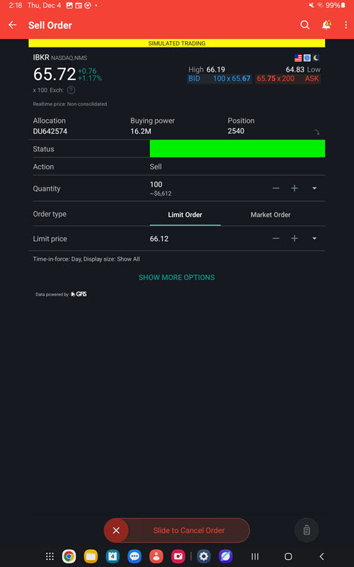 The BookTrader bid size and ask size on the android tablet. 
